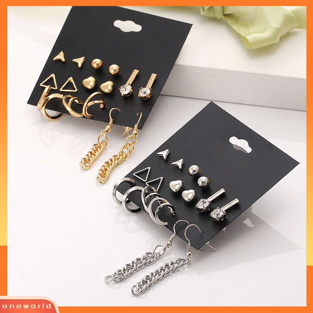 [WOD] 9pasang Fashion Wanita Berlian Imitasi Hati Bentuk Segitiga Ear Stud Hook Earrings