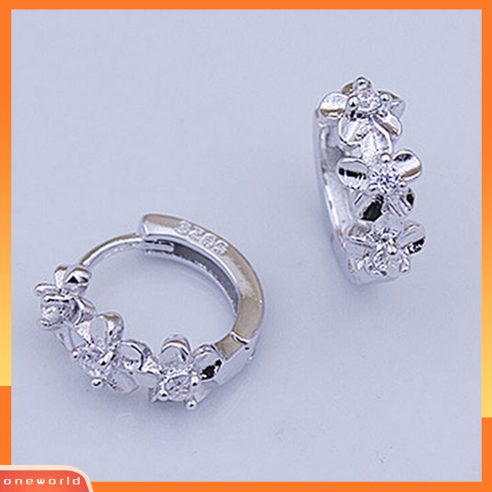 [WOD] Lady Sweet Flower 925 Sterling Silver Disepuh Berlian Imitasi Huggie Earrings Hoops