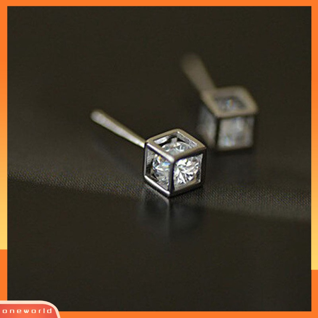 [WOD] Pengantin Perak Disepuh Persegi Magic Cube CZ Stud Anting Wanita Perhiasan Pesona Hadiah