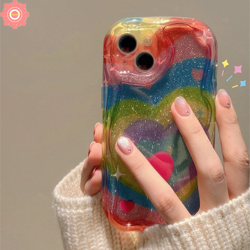 Casing Love Heart Pelangi Gradasi Untuk Redmi Note11 12 10 8 9 11s 10 Pro Max Redmi 9A A1 10 9T 9C 9 10A A2 10C 9C NFC POCO M3 3D Wavy Curved Edge Glossy Soft Cover