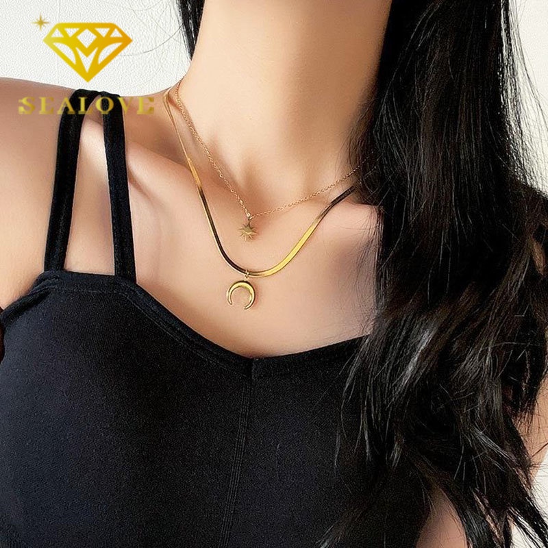 Kalung Titanium Anti Karat Bulan Bintang Emas 18K Cantik Mewah Korea Rantai Belut Aksesoris Wanita Perhiasan