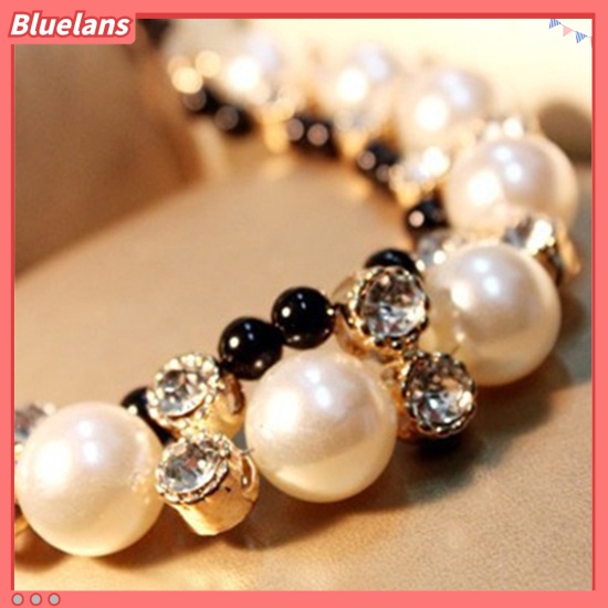 [BLS] Wanita Fashion Baris Ganda Mutiara Imitasi Adjustable Pita Rantai Choker Kalung