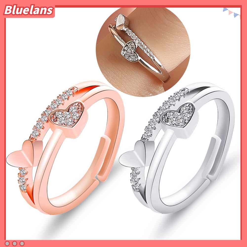 [BLS] Wanita Fashion Berlian Imitasi Bertatahkan Hati Ganda Berongga Band Pembukaan Cincin Perhiasan