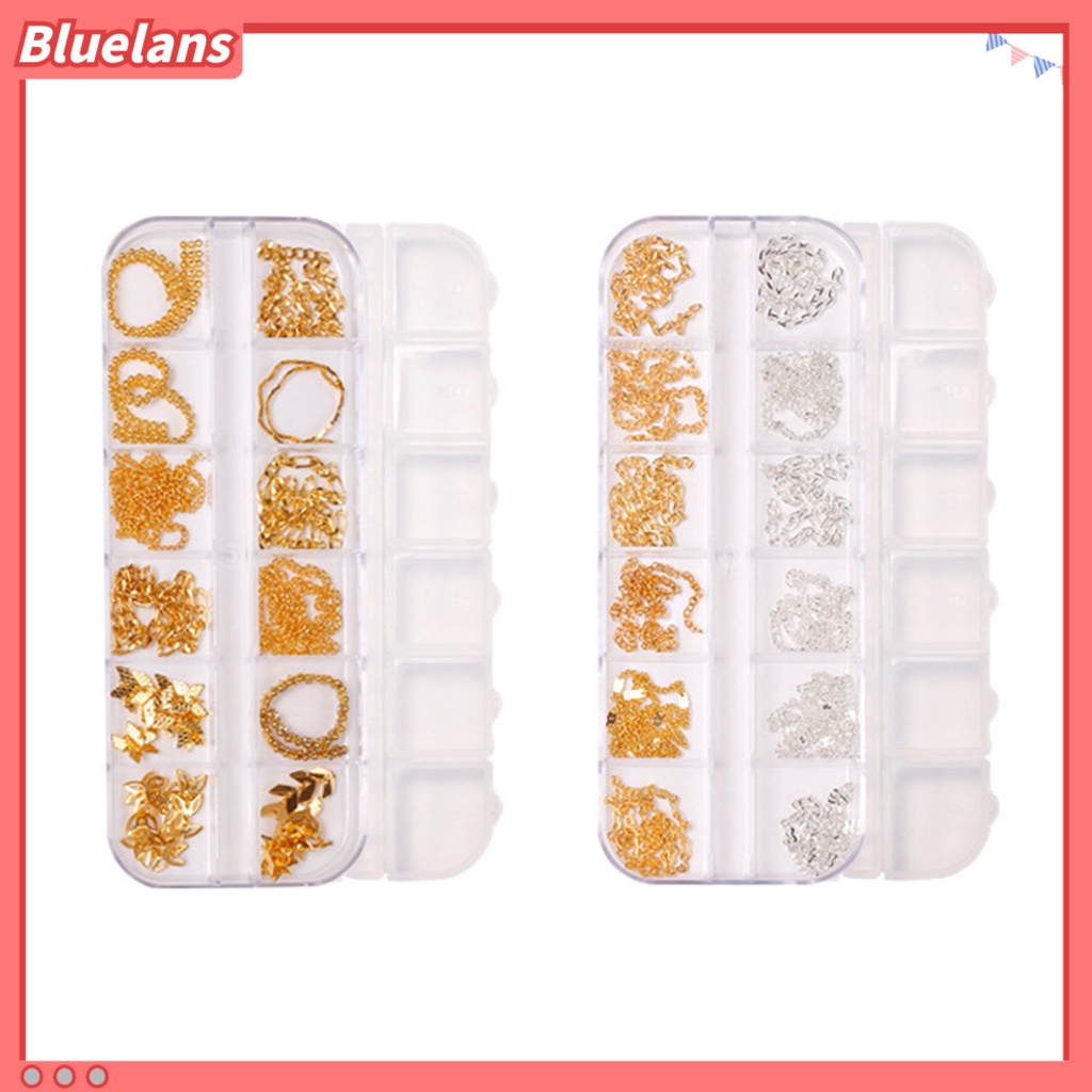 [BLM] 12kisi /Box Rantai Kuku Glitter Efek 3D Alloy Nail Art Rantai Cincin Gesper Dekorasi Logam Manicure DIY Untuk Wanita