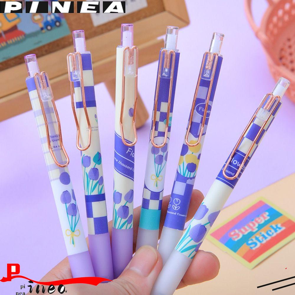 Nanas 6PCS /Set Pena Gel Kartun Mutil-styles Dengan Klip Alat Tulisan Tinta Hitam Tulip Signature Pen