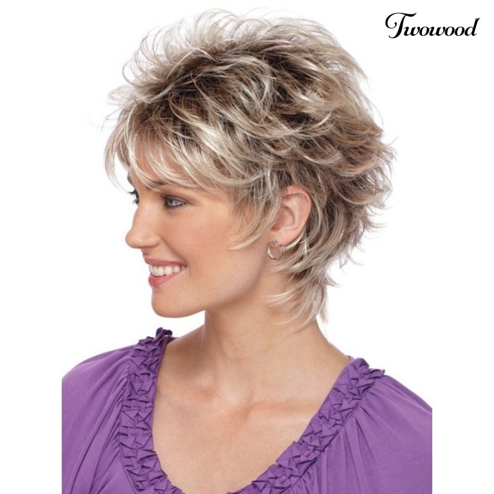 Twowood Fashion Wanita Potongan Rambut Pendek Shag Short Curly Ombre Wig Pesta Club