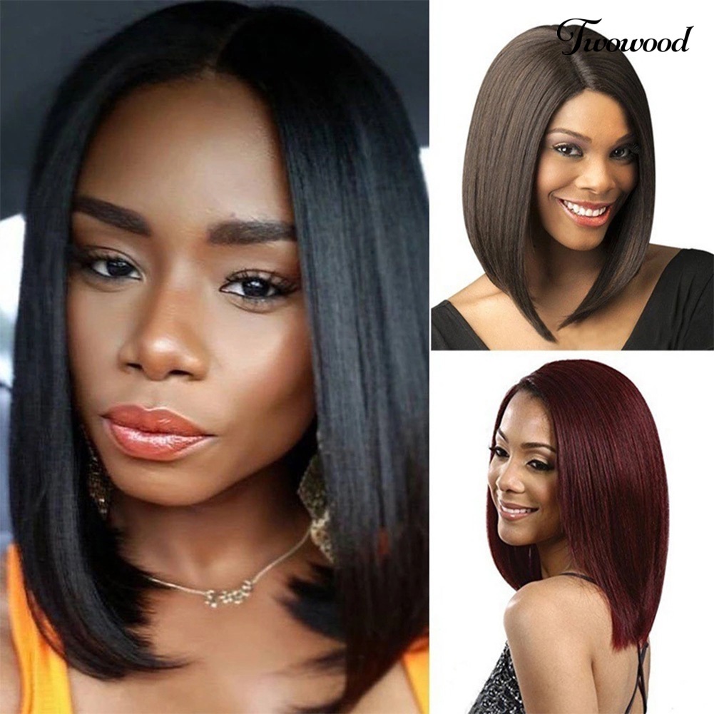 Twowood Wig Pendek Lurus Wanita Pusat Parting Pesta Cosplay Sopak Hair Decor