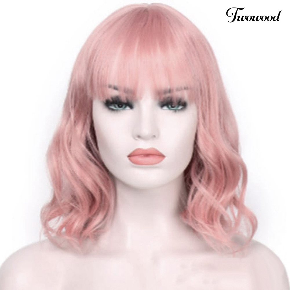 Wig Rambut Palsu Wanita Sintetis Twowood Pink Curly Panjang Bahu Dengan Poni Untuk Cosplay