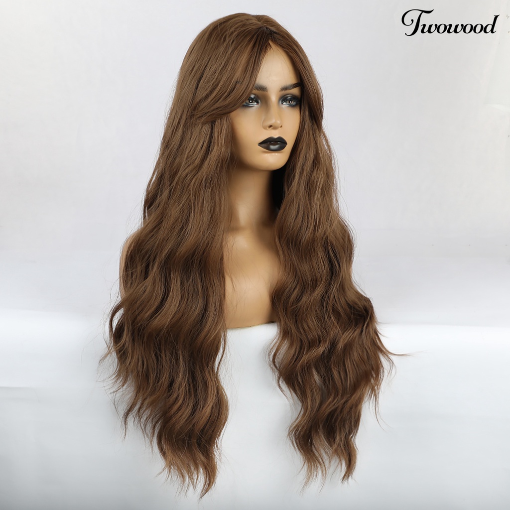 Twowood Wanita Fashion Panjang Bergelombang Keriting Rambut Pesta Cosplay Sintetis Alami Penuh Wig