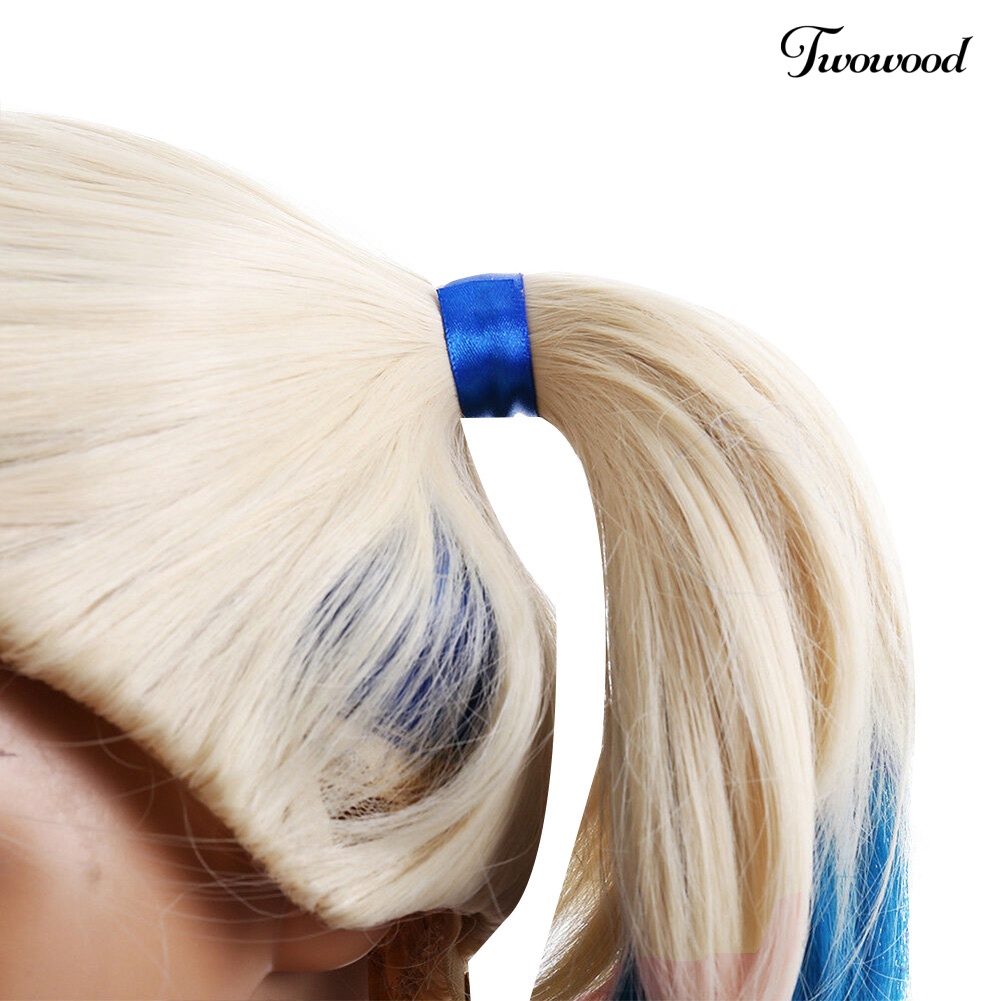 Twowood Suicide Squad Quinn Cosplay Wanita Pink Biru Gradien Keriting Panjang Wig Sopak