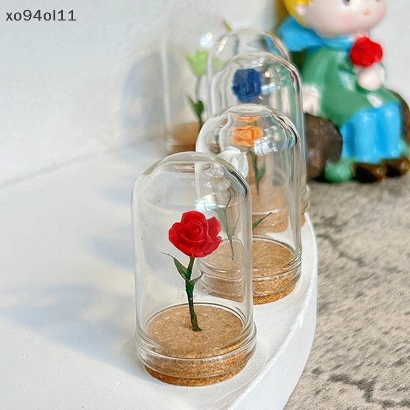 Xo 1Pc Rumah Boneka Miniatur Bunga Mawar Penutup Kaca Ornamen Pangeran Kecil Rose Model Home Desktop Decor Mainan OL