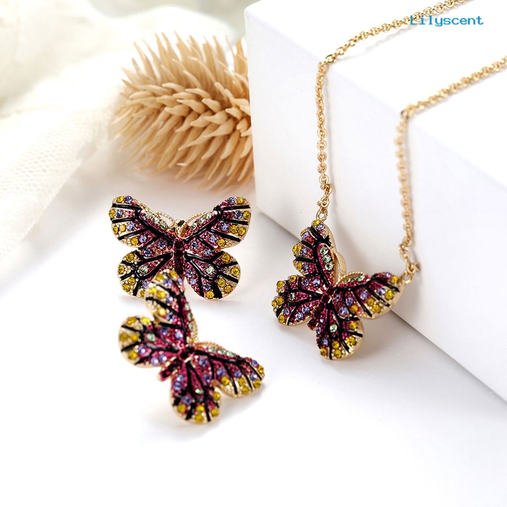 [LS]1 Set Perhiasan Set Bersinar Kupu-Kupu Berbentuk Temperamen Menarik Kilau Cerah Dekorasi Electroplating Lady Dress Leher Rantai Anting Wanita Aksesori