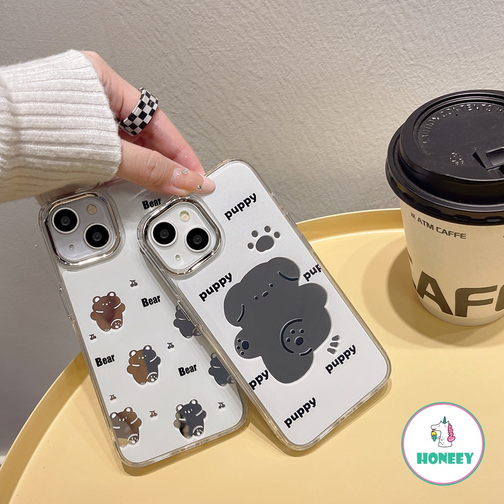 IPHONE Cermin Rias Beruang Lucu Kartun Puppy Shockproof Phone Case Untuk Iphone14 11 12 13 Pro Max Huruf Lucu Lembut Penutup Belakang