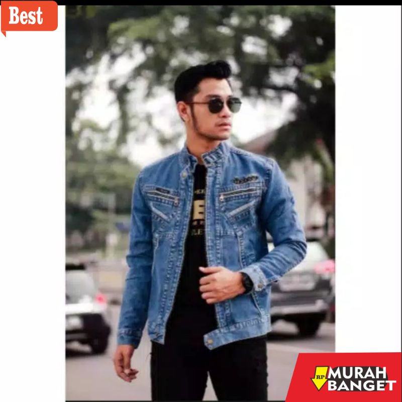 Jaket kulit pria terbaru- jaket jeans pria kerah tinggi jaket jeans cowok resleting jumbo atasan pri