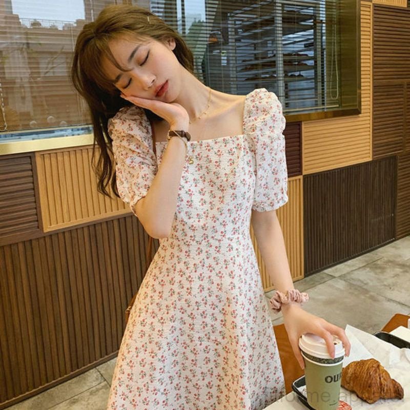 Dress Wanita Motif Bunga Korea Woman Mid-Length Floral Dress HSL-8829 (S/M/L/XL/2XL)