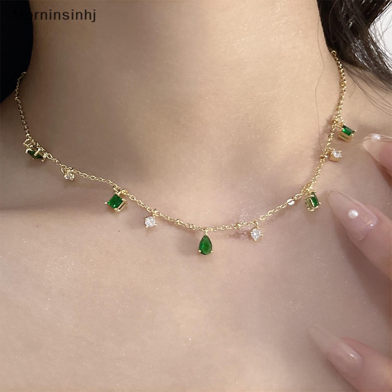 Mornin Retro Emerald Hias Berlian Imitasi Kalung Perempuan Temperamen Sederhana Indah Rantai Klavikula Perhiasan Hadiah id