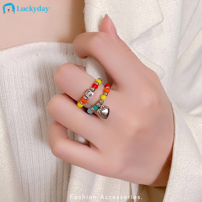 Yeezii Fashion Cincin Wajah Senyum Kartun Warna-Warni Sederhana Manik-Manik Hati Jari Rings Untuk Wanita Jewerly Aksesoris