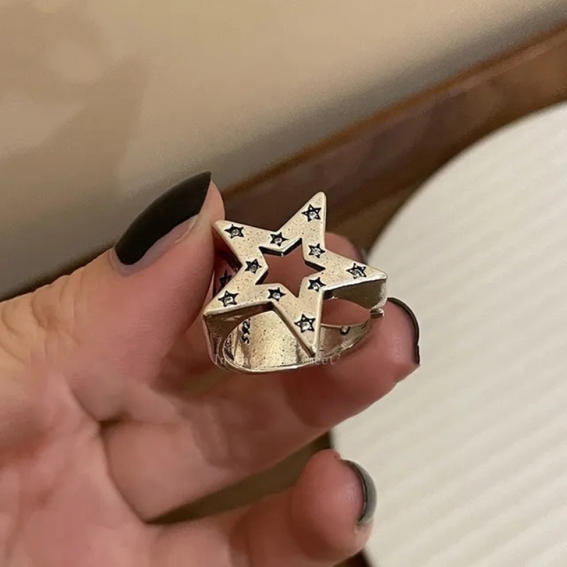 [Fiture] Fashion Sederhana Dapat Disesuaikan Terbuka Rings Rings/Kepribadian Hip Hop Rock Gadis Tidak Teratur Vintage Y2k Aksesoris/Retro Pentagram Bintang Jari Cincin/