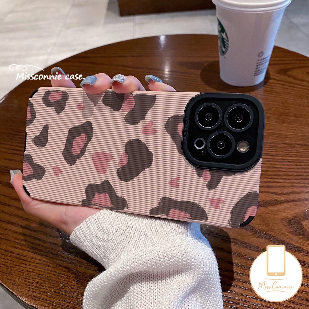Ins Cinta Hati Shockproof Case Kompatibel Untuk IPhone XR 11 13 12 14 Pro 7Plus Max7 8 Plus X XS MAX Merek Trendi Leopard Jahitan Kontras Penutup Tekstur Kulit