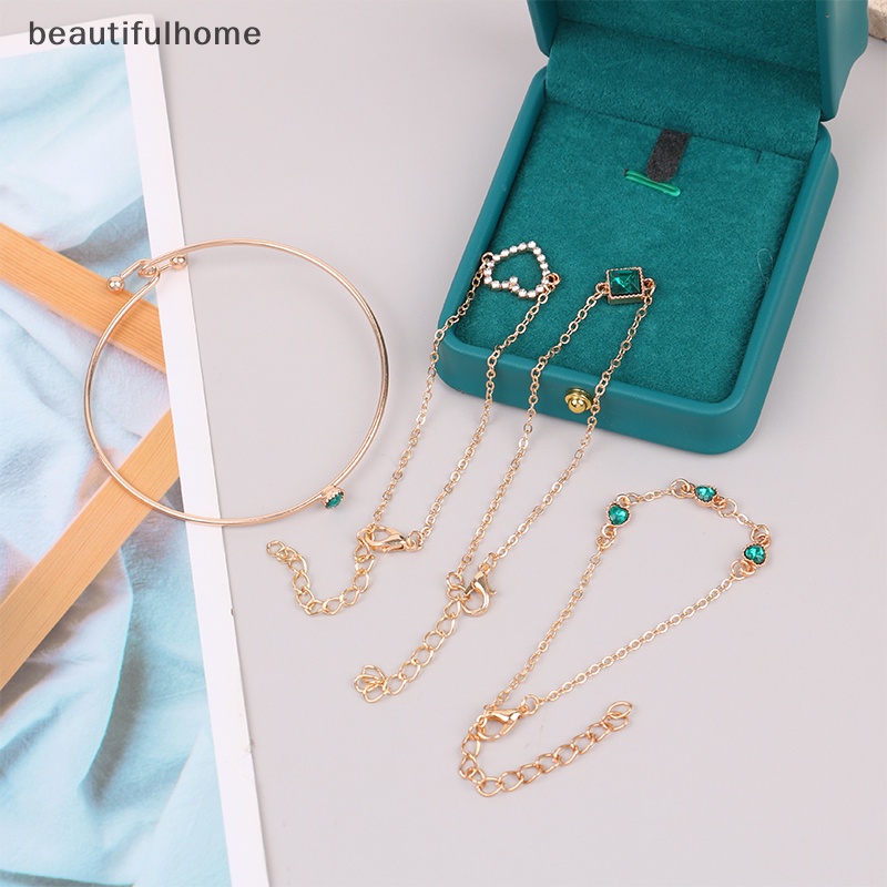 {beautifulhome} 4pcs/set Bertatahkan Batu Permata Hijau Gelang Set Perhiasan Untuk Wanita Gadis Jantung Gelang Pernikahan Pertunangan Gelang Fashion Pesta Perhiasan Hadiah.