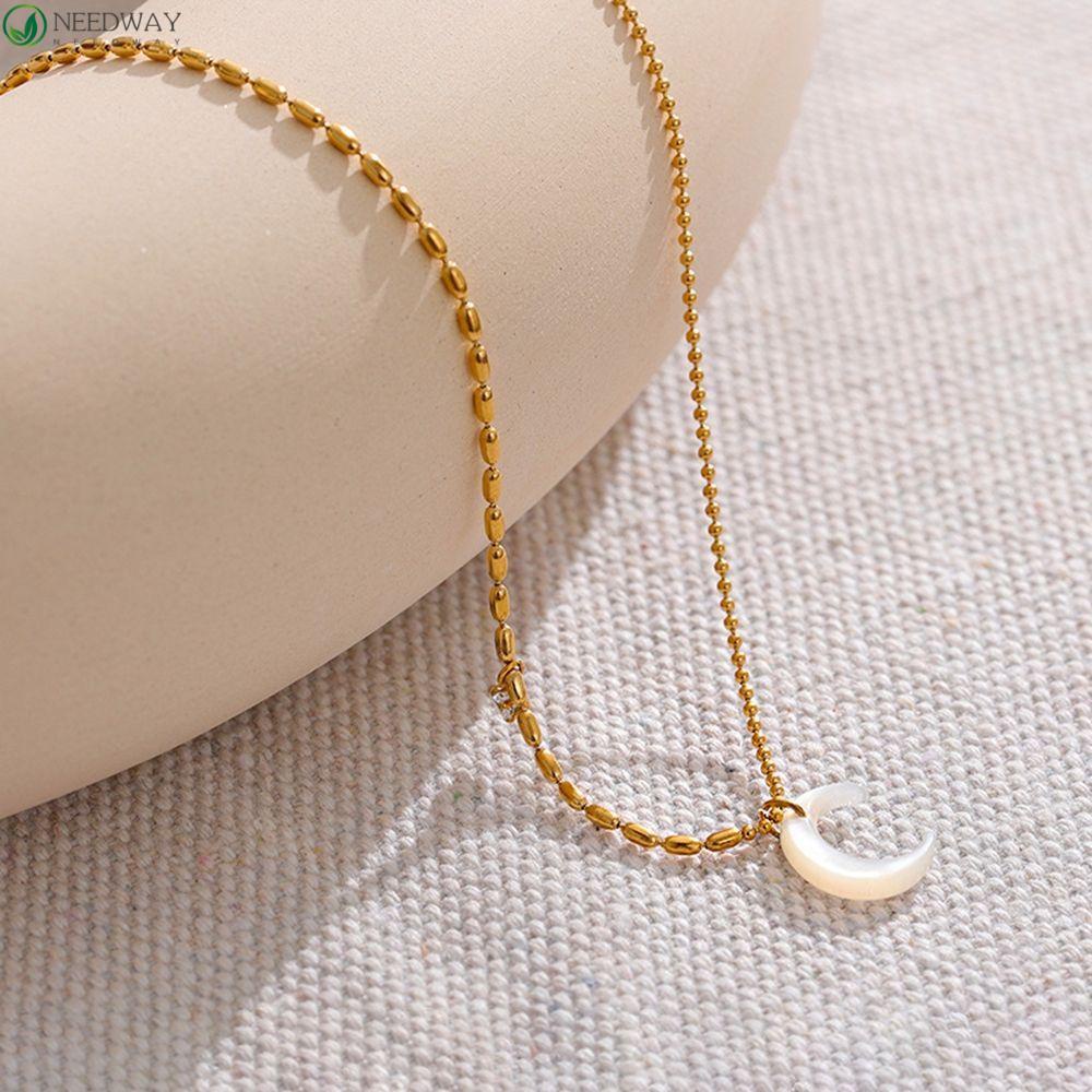 Needway Bulan Liontin Kalung Perhiasan Hadiah Kepribadian Temperamen Geometri Shell Putih Wanita Kalung Dimond Zirkon Gaya Korea Kalung