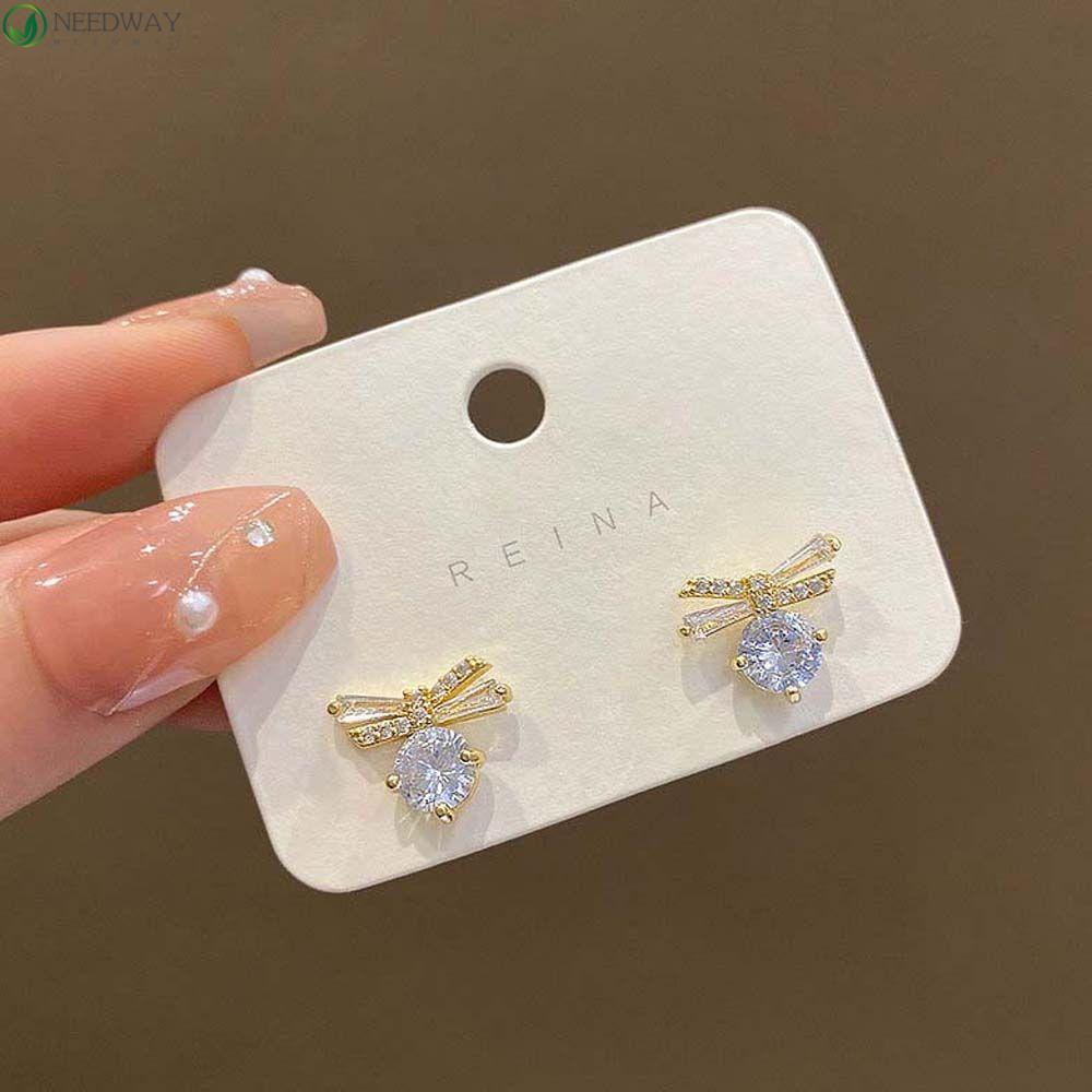 Needway Busur Anting Fashion Pesta Pernikahan Perhiasan Aksesoris Gaya Korea Berlian Imitasi Stud Earrings