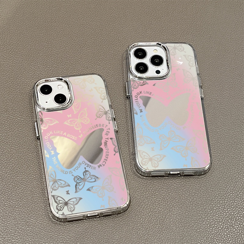 IPHONE Biru Pink Smudged Butterfly Mirror Phone Case Kompatibel Untuk Iphone11 12 13 14 12Pro 13Pro 14Pro Pro Max XR X XS Max Electroplating Tombol Perlindungan Mirror Cover