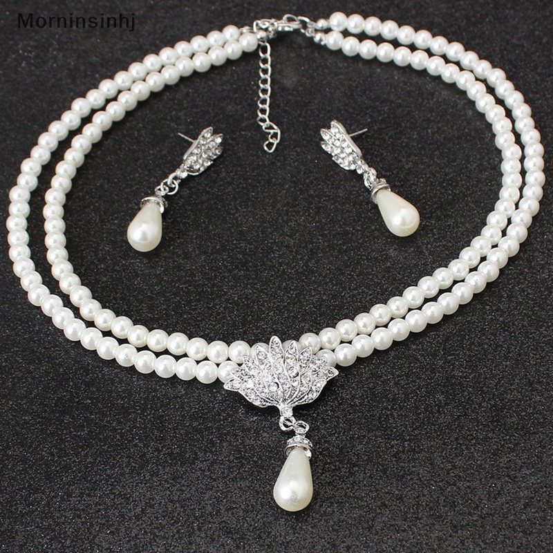 Mornin Elegan Simulasi-Mutiara Set Perhiasan Pengantin Berlian Imitasi Pearl Drop Kalung+Anting Pernikahan Perhiasan Hadiah id