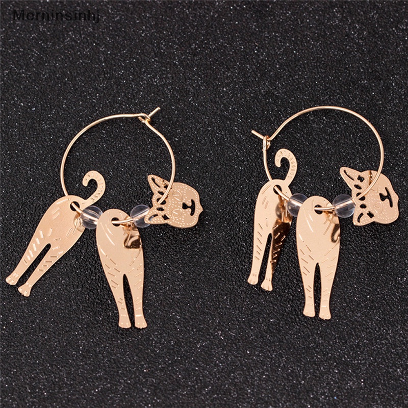 Mornin Lingkaran Emas Hewan Kucing Liontin Anting Mutiara Kait Drop Menjuntai Earrings Perhiasan id