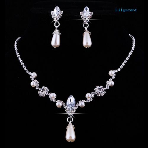 [LS]Bridal Pernikahan Imitasi Mutiara Berlian Imitasi Kalung Set Anting Tetes Air