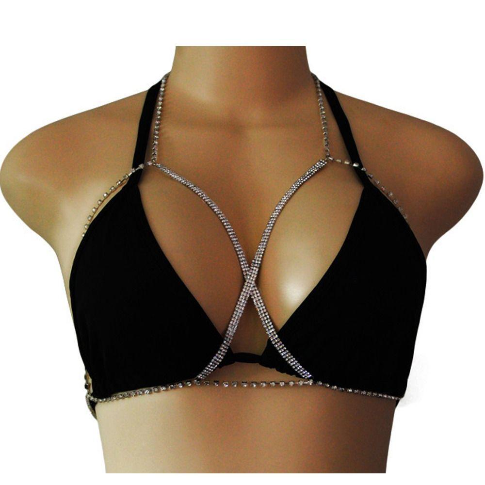 Lily Rantai Bracket Dada Kristal, Perhiasan Tubuh Tubuh Rantai, Pesona Mahkota Ratu Seksi Kalung Berlian Imitasi Emas Perak Untuk Wanita