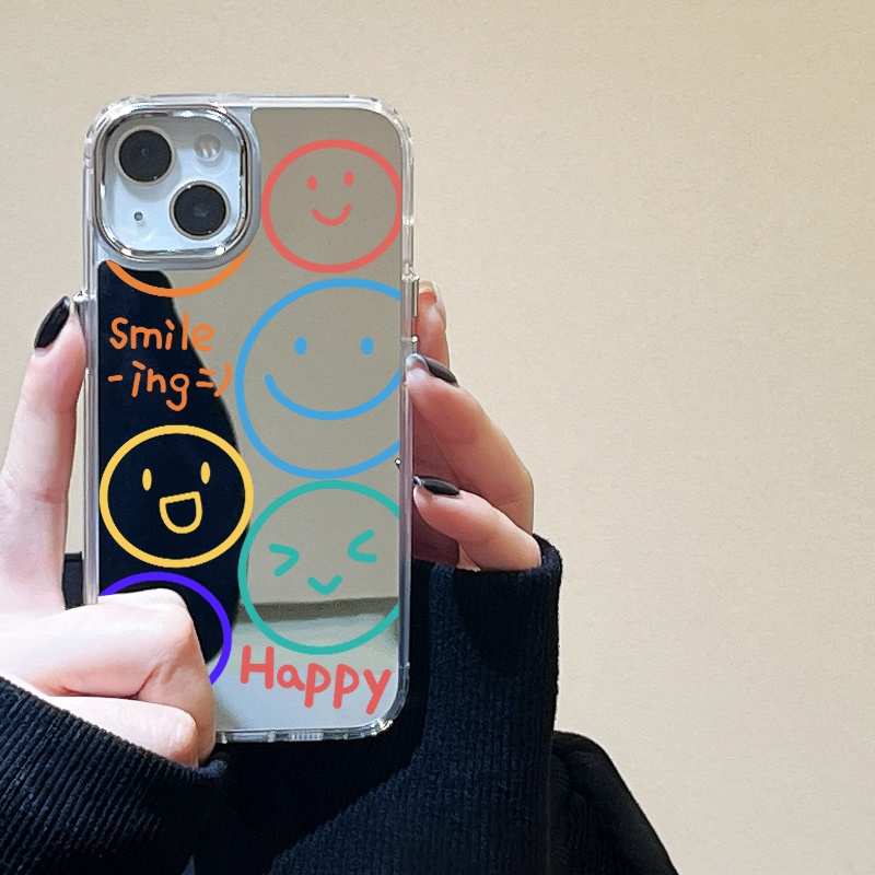 IPHONE Happy Smile Emoji Mirror Phone Case Kompatibel Untuk Iphone11 12 13 14 12Pro 13Pro 14Pro Pro Max XR X XS Max Electroplating Tombol Perlindungan Mirror Cover