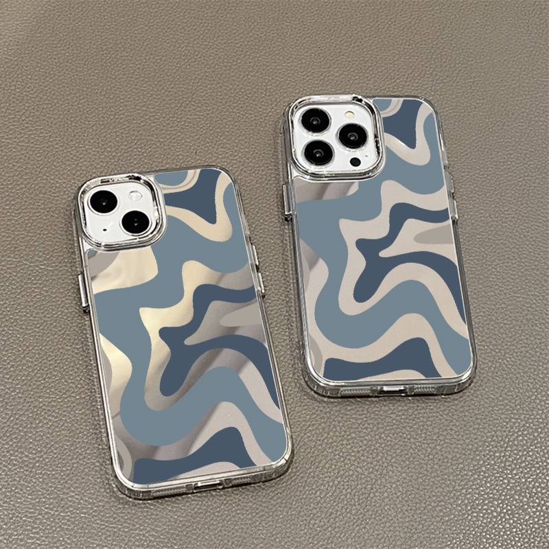 IPHONE Art Abu-Abu Biru Lukisan Cermin Ponsel Case Kompatibel Untuk Iphone11 12 13 14 12Pro 13Pro 14Pro Pro Max XR X XS Max Electroplating Tombol Perlindungan Mirror Cover