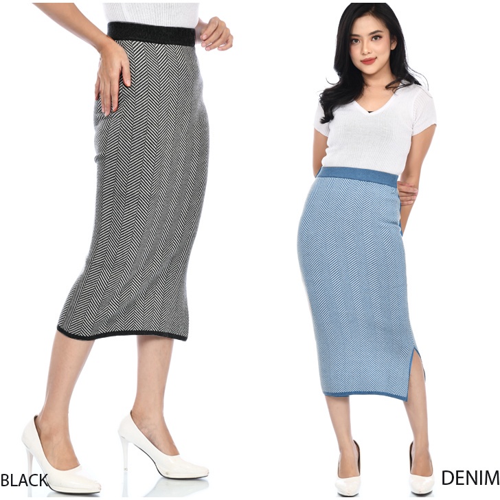 (RJ280) Slit midi knit skirt motif / rok midi wanita