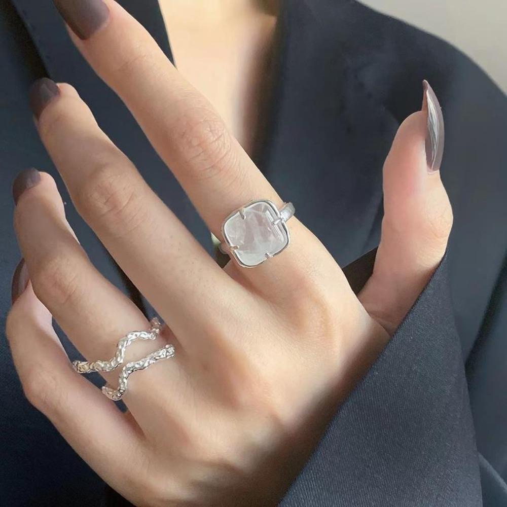 Needway Cincin Persegi, Kepribadian Batu Garis Ganda Cincin, Retro Geometris Terbuka Tidak Teratur Aksesoris Gaya Korea Untuk Perempuan