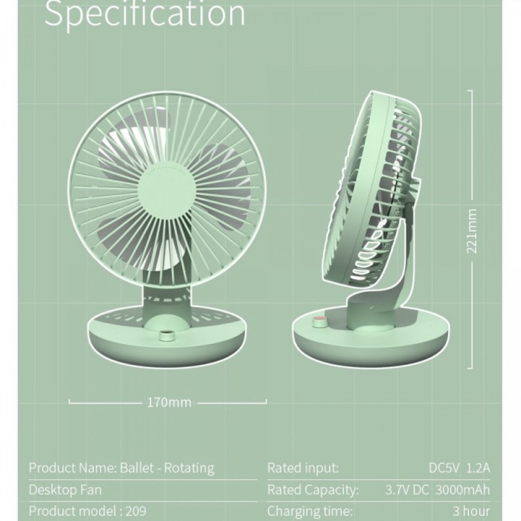 Kipas Angin Meja Portable Desk Fan Swing Automatic USB Charge 3000mAh