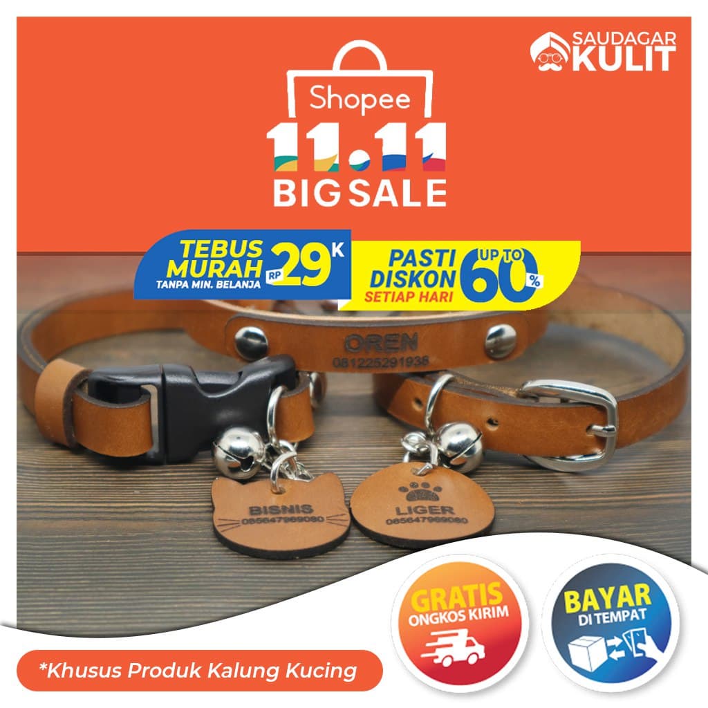 KALUNG KUCING KULIT LIONTIN NAMA CUSTOM ANTI KUTU LONCENG ANTI KARAT IRITASI KUTU