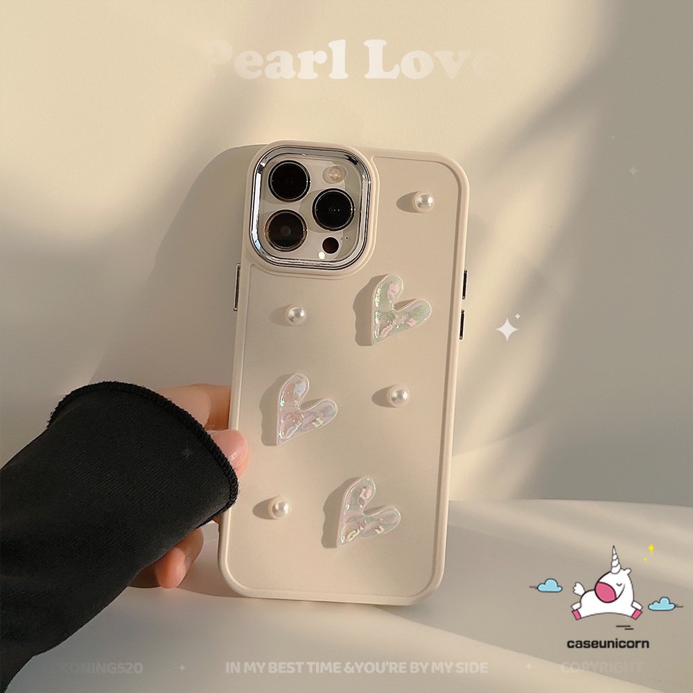 Luxury Romantic 3D Pearl Love Heart Electroplate Case Compatible for IPhone 7plus 8plus XR X 11 13 14 12 Pro Max 7 8 14 Plus XS MAX Shockproof Simple Solid Color Plating Soft Case