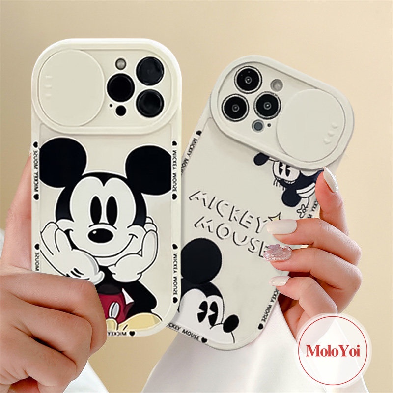 Cartoon Disney Strawberry Bear Lotso Push Pull Window Case Compatible for iPhone XR XS X Max 8Plus 7Plus 11 13 12 Pro Max Camera Lens Protector Cute Mickey Mouse Couple Phone Cover