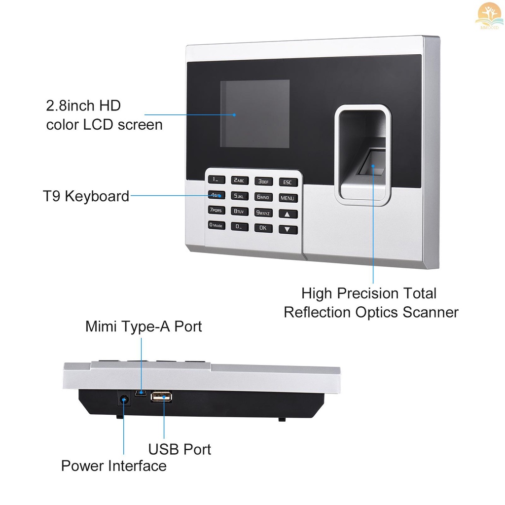 In Stock Mesin Absensi Sandi Sidik Jari Waktu Kontrol Akses Perekam Jam Perekam Cek-in Karyawan Dengan Layar Warna 2.8 Inci Support U Disk Download Data