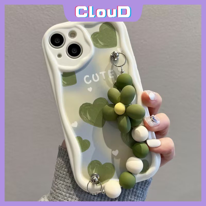 Casing Tepi Melengkung Bergelombang 3D Untuk Redmi 9T 9A A2 9C NFC 10C 10A A1 9 10 POCO M3 Redmi Note12 11 8 11s 10s 9 10 Pro Max Art Cat Minyak Green Love Heart Case Dengan Tangan Bunga Gelang Tangan