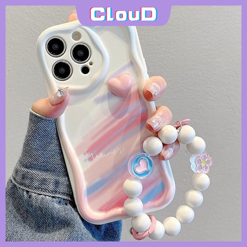 Case Tepi Melengkung Bergelombang Stereo 3D Kompatibel Untuk IPhone 7Plus XR X8 6 7 6s Plus XS Max SE 2020 11 13 14 12 Pro Max Love Heart Hand Strap Gelang Watercolor Graffiti Rainbow Cover