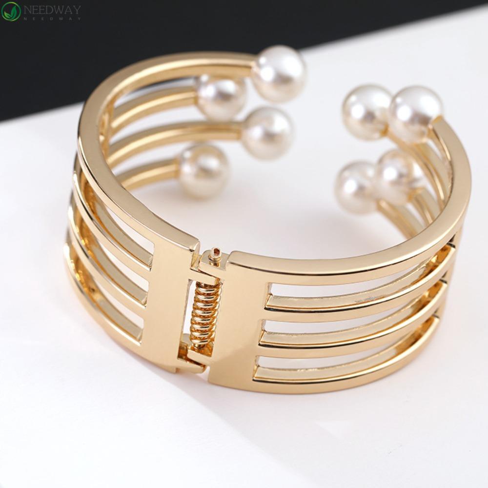 NEEDWAY Gelang Cuff Wanita, Gelang Bangle Mutiara Imitasi, Gelang Cuff Klasik Terbuka Berongga Anti Karat Untuk Pesta