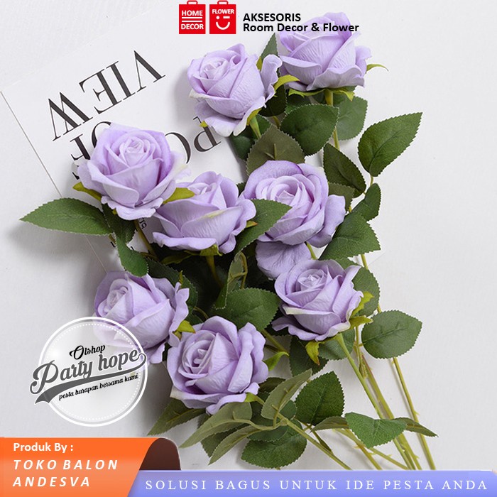 Bunga Mawar Ungu 1 tangkai / Bunga Plastik Tanaman hias Artificial Mawar Ungu