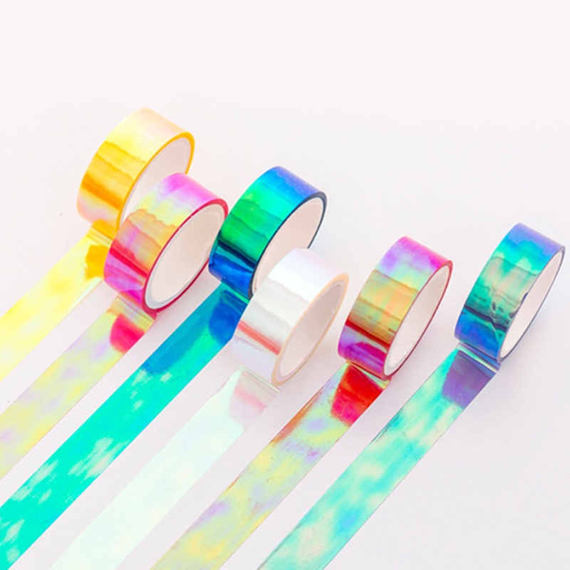 6rolls Gradiasi Laser Kedip Pelangi Warna Tape Dekorasi Siswa Sekolah DIY Bahan PET Tapes Set