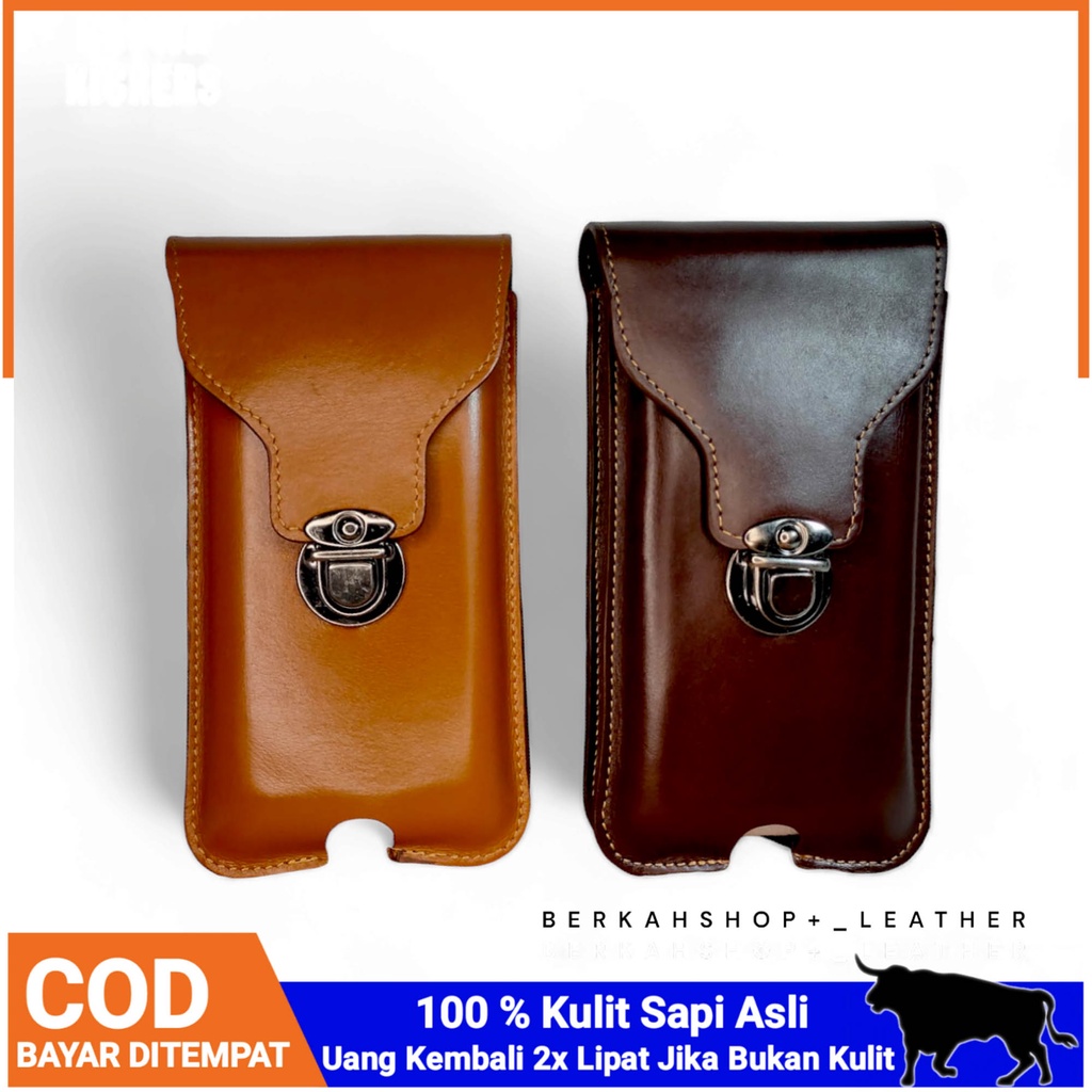 Dompet Sarung Tempat Hp Pinggang Kulit Asli Pria Cowok Doble 2 Slot Ukuran 6,5 - 6,7 Inci Model Berd