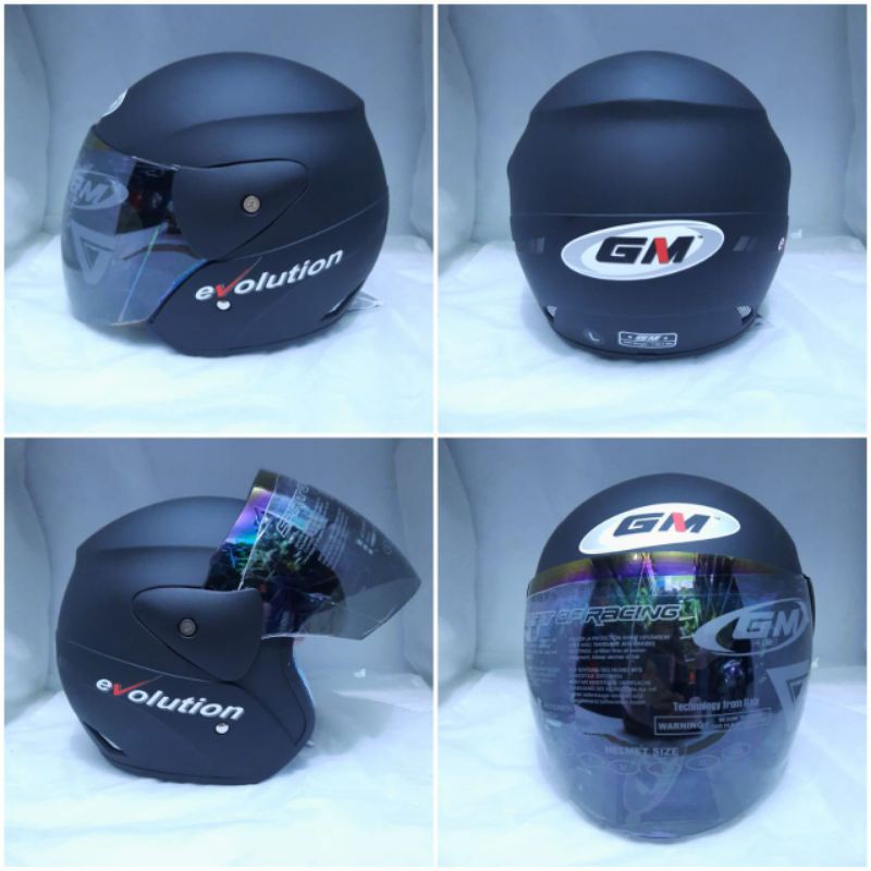 HELM GM EVOLUTION SOLID HITAM DOFF - BLACK DOFF KACA PELANGI Helm Half Face HELMET SNI STANDAR SIZE 