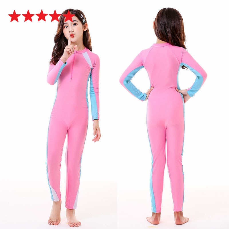 Baju Renang Anak Cowok Anak Laki-laki Perempuan Cewek One-piece Dengan Topi UV Rashguard Lengan Panjang Tabir Surya Berselancar Olahraga Pakaian Diving Tanggung