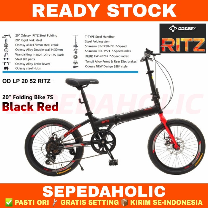 Terpercaya Sepeda Lipat 20 Inch ODESSY 20 52 RITZ SHIMANO ORIGINAL 7 SPEED - BLACK RED, 16 Inch