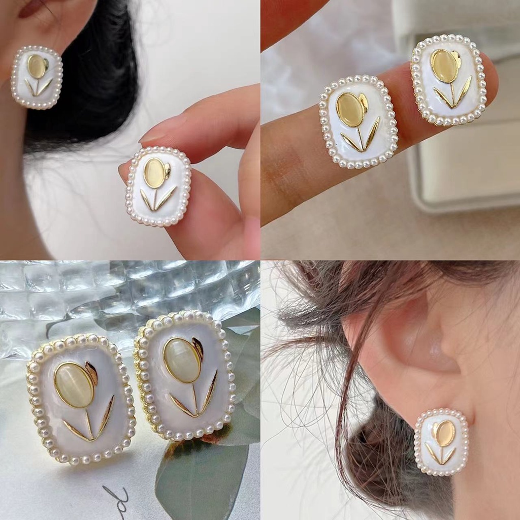 Anting Tulip Batu Mata Kucing Mutiara2023Anting Lembut Baru